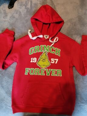 Grinch Ladies Red Hooded Full Pocket Sweatshirt Size S 3/5 Christmas Holiday EUC